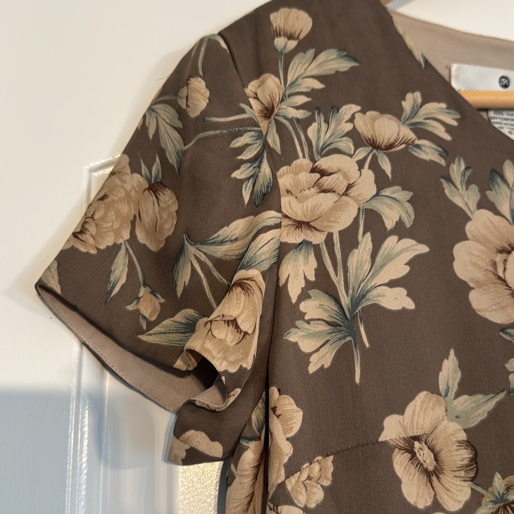 Saks Fifth Ave 100% Silk Brown Floral Maxi Sundress Short Sleeve Crew Neck Sz 6 - Picture 5 of 8